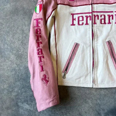 Pink and white faux leather racing jacket with premium stitching and embroidered details