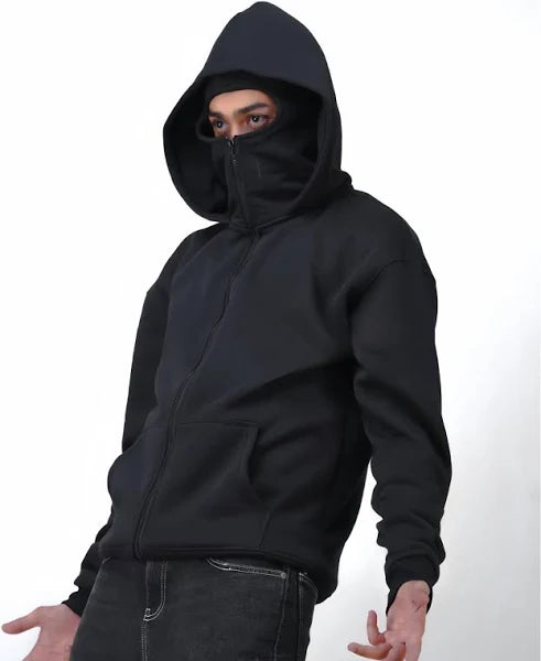 Detail shot of Suspended Clothing fade-resistant 450GSM cotton fabric on a jet black masked sweatshirt.