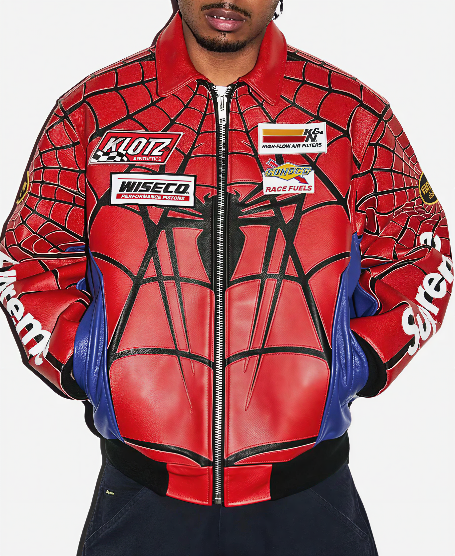 Suspended Clothing Spider Web Racing Leather Jacket in Red and Blue Color Block Design with Y2K Aesthetic Patches