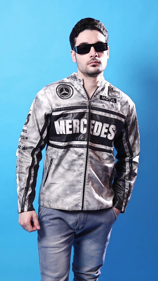 Suspended Clothing Mercedes F1 leather jacket front view racing style