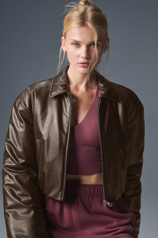 Suspended Clothing premium brown cropped leather bomber jacket for women