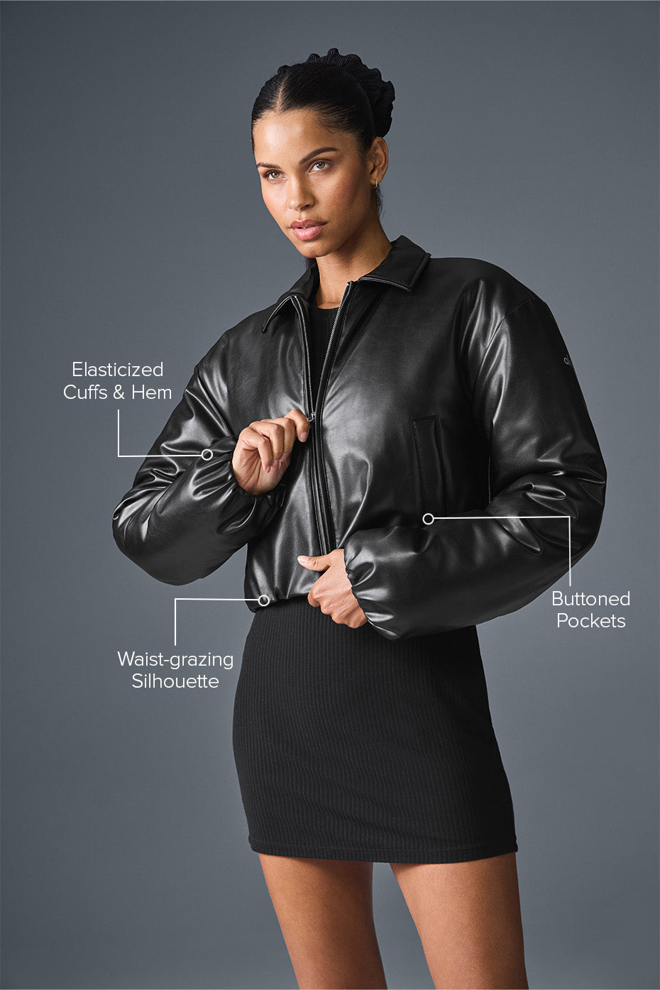 Suspended Clothing women's cropped leather bomber jacket in jet black