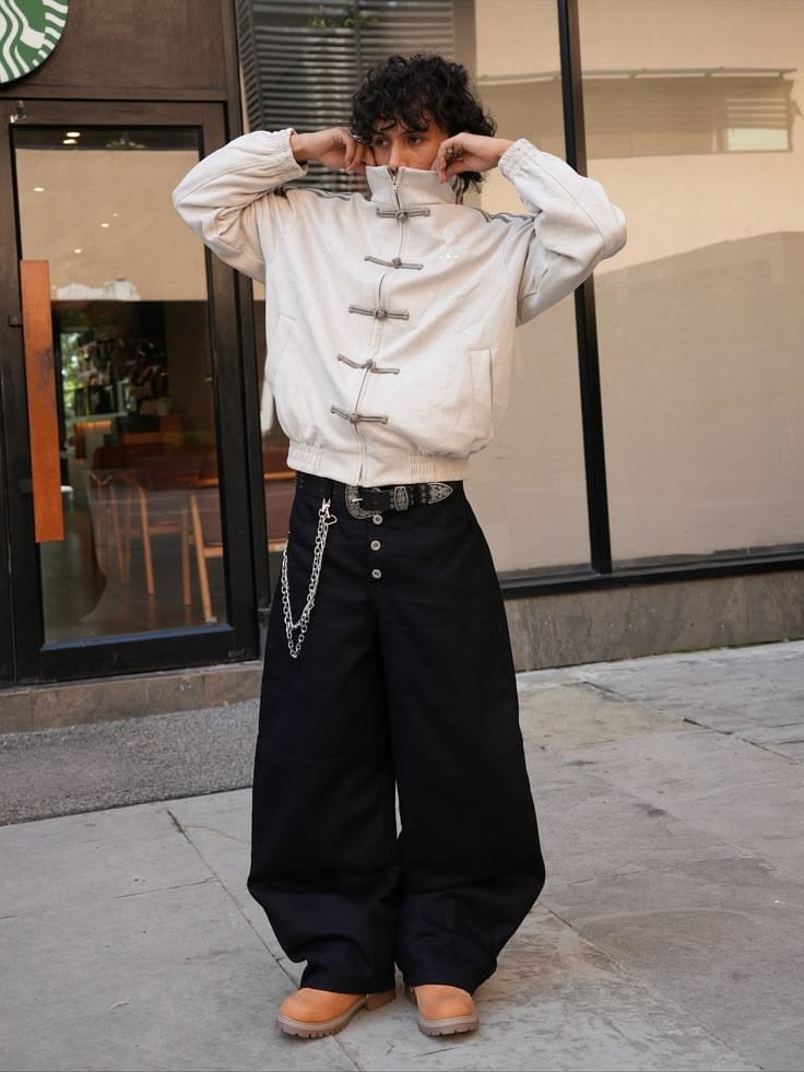 white Cny jacket with Chinese knot buttons and black pants standing outside a building.