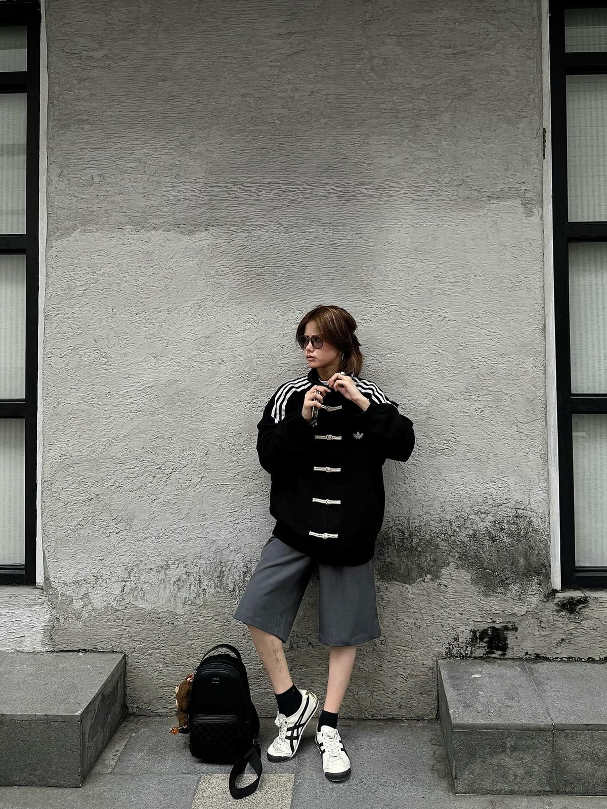 Oversized Black Chinese Jacket with Contrast Stripe Sleeves - Suspended Clothing